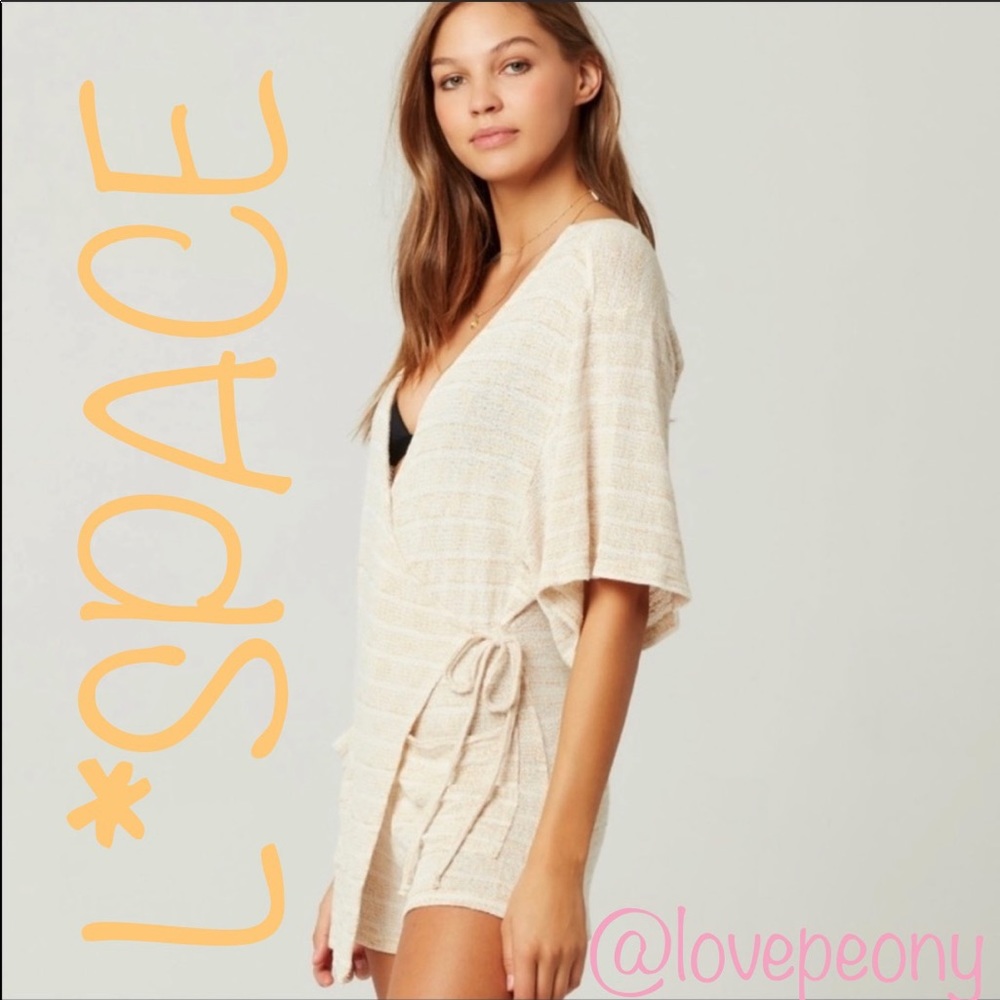 L SPACE Faux Wrap Romper Cream Beige Stripe